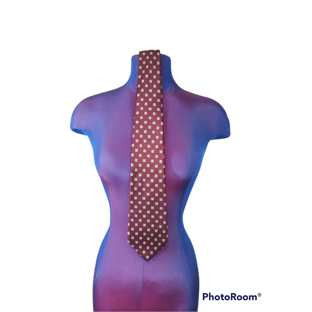 Christian Dior Men's Tie Necktie Maroon Geometric Small Rectangles All Silk